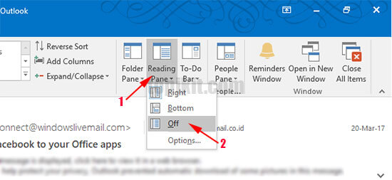 Menonaktifkan menyembuyikan reading pane area baca email Microsoft Outlook