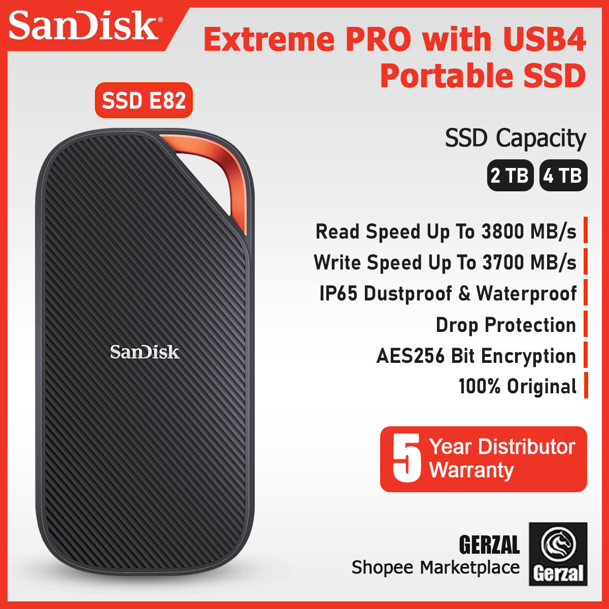 SanDisk Extreme PRO Portable SSD E82 3800MB/s USB Type C 4.0 - SDSSDE82